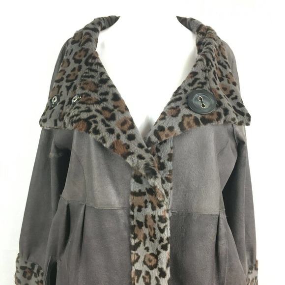 Grandi‎ Coat Womens Sz M Italy Gray Leather Leopard Faux Fur Reversible Trench - Picture 5 of 11